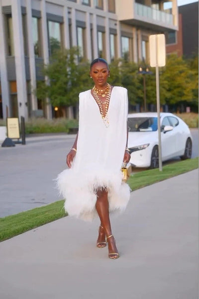 Maaya | エレガントなノースリーブホワイトフェザー パッチワーク不規則裾ミディドレス