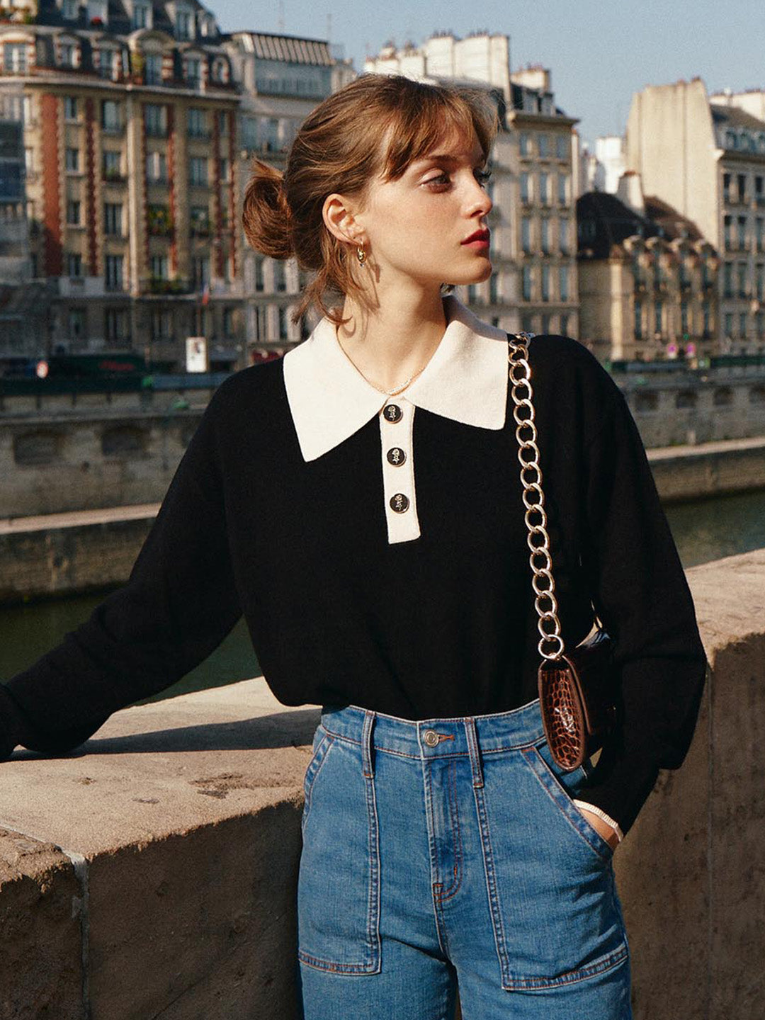 Mitsuki｜ブラック ポロ ニットセーター コントラストカラー付き