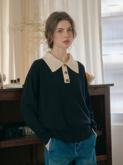 Mitsuki｜ブラック ポロ ニットセーター コントラストカラー付き