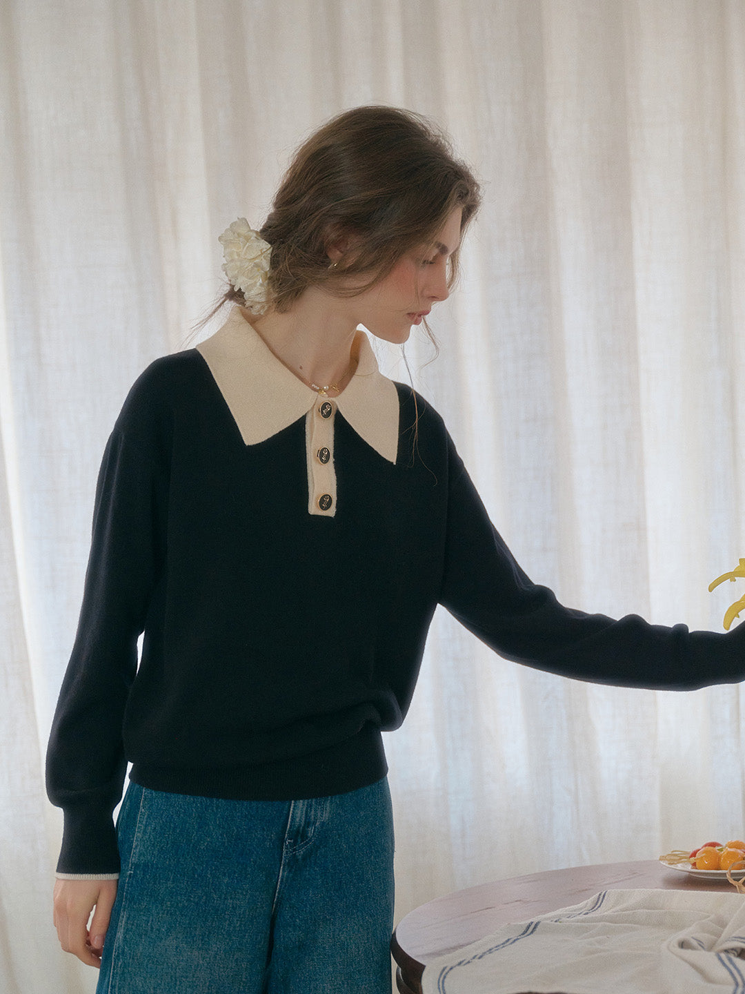 Mitsuki｜ブラック ポロ ニットセーター コントラストカラー付き