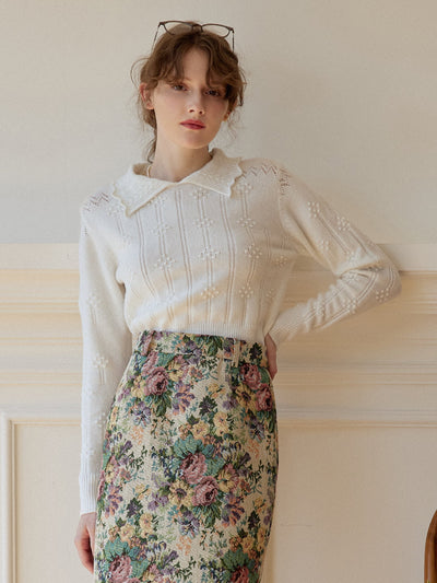 Mikako｜ケーブルポロ ホワイトニットセーター