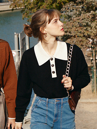 Mitsuki｜ブラック ポロ ニットセーター コントラストカラー付き