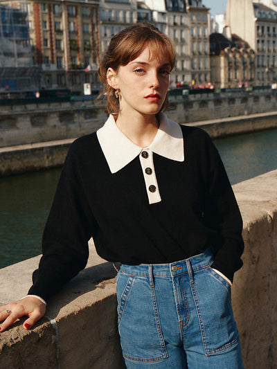 Mitsuki｜ブラック ポロ ニットセーター コントラストカラー付き