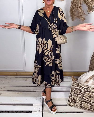 Madoka | ゴールデンリーフプリントのリラックスブラックドレス