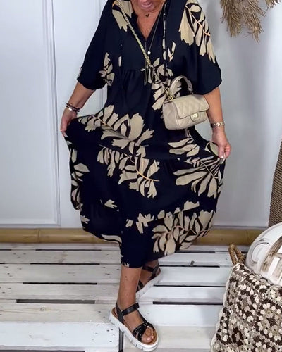 Madoka | ゴールデンリーフプリントのリラックスブラックドレス